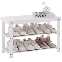 Apicizon Bamboo Shoe Rack For Entryway, 3-Tier Shoe Rack Bench For Front Indoor Entrance, Small Shoe Organizer With Storage, Black