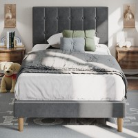 Likimio Twin Bed Frames, Velvet Upholstered Twin Platform Bed Frame With Headboard And Strong Wooden Slats, No Box Spring Needed/Noise-Free/Easy Assembly, Grey