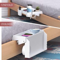 Solejazz Bedside Shelf For Bed, Foldable Bunk Bed Shelf Clip On Nightstand Tray College Dorm Room Essential Table Caddy With Cup & Cord Holder For Top Bunk Organizer Bedroom Nightstand, White