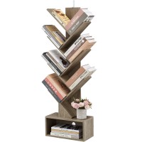 Hoctieon 6 Tier Tree Bookshelf, 6 Shelf Bookcase With Drawer, Modern Book Storage, Utility Organizer Shelves For Home Office, Living Room, Bedroom, Greige