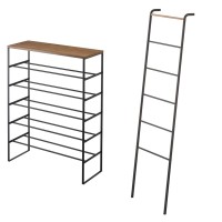 Yamazaki Home 6 Tier Wood Top Shoe Rack, One Size, Black & Leaning Ladder Rack, One Size, Black