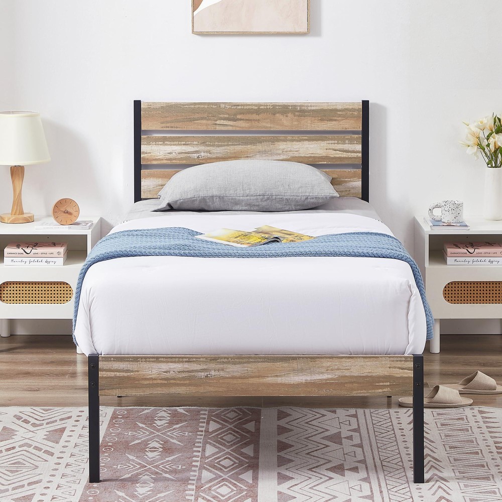 Vecelo Platform Twin Bed Frame With Rustic Vintage Wood Headboard And Footboard, Mattress Foundation, Strong Metal Slats Support, No Box Spring Needed