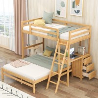 Modern Twin Over Full Bunk Bed With Built-In Desk And 3 Drawers Nightstand, Separable Design Solid Wood Bunk Bed Frame With Inclined Ladder And Safety Guardrail For Kids Teens Aldults (Natural)
