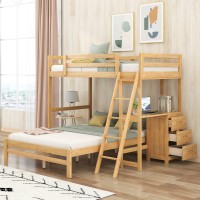 Cjlmn Separable Design Twin Over Full Bunk Bed,Solid Wood Bunk Bed Frame With Built-In Desk,Three Drawers,Safety Guardrails And Ladder,No Box Spring Needed (Natural + Pine)