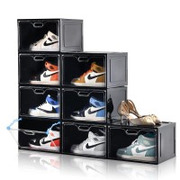 Amllas 8 Pack Shoe Boxes Black Plastic Stackable, Large Shoe Storage Organizer,Drop Side Front Shoe Containers For Entryway,Sneaker Storage Fit Up To Us Size 13 For Men/Women(13??X 10.6?X 8.3?)