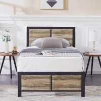 Vecelo Twin Size Platform Bed Frame With Grey Oak Vintage Wood Headboard, Mattress Foundation, Strong Metal Slats Support, No Box Spring Needed