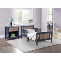 Toddler Bed, Bedroom Furniture Wooden Bed Frame With Two-Tone Design Reversible Panel Headboard & Footboard, For Toddler (Midnight Blue + Vintage Walnut)