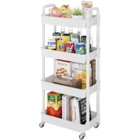 Buzowruil 4-Tier Utility Rolling Plastic Storage Cart Trolley With Lockable Wheels,Multifunctional Storage Shelves For Kitchen Living Room Office,White