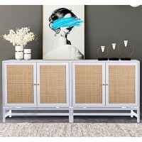 Modern Rattan Buffet Sideboard Floor Stand Storage Cabinet With Natural Rattan Doors And Metal Base Wood Sidrboard Accent Cabinet Console Table For Living Room Bedroom(White-2 Pack)