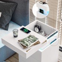 Adorneve Nightstand With Charging Station And Led Lights,Night Stand With Sliding Top For Bedroom,Bedside Table With Drawers,Modern End Side Table,White