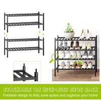 Bmosu 2-Tier Bamboo Shoe Rack Premium Stackable Shoe Shelf Storage Organizer For Hallway Closet Living Room Entryway Organizer (Black Bamboo)