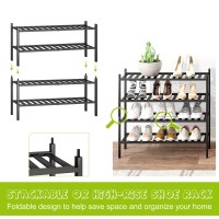 Bmosu 4-Tier Bamboo Shoe Rack Premium Stackable Shoe Shelf Storage Organizer For Hallway Closet Living Room Entryway Organizer (Black Bamboo)