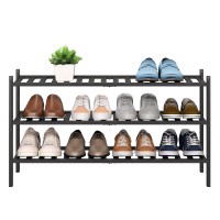 Bmosu Bamboo Shoe Rack For Entryway Stackable Shoe Shelf Premium Storage Organizer For Hallway Closet Living Room Bedroom Organizer(Black , 3-Tier L-33.3)