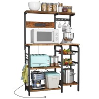 Yilfana Kitchen Bakers Rack With Power Outlet, Bakers Racks For Kitchen With Storage, Microwave Stand With Storage, Kitchen Rack And Shelves With 2 Wire Baskets, 10 S-Hooks, Kitchen Storage Shelves