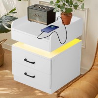 Yoluckea Led Nightstand With Charging Station Modern Wood 2-Drawer Nightstand High-Gloss White Bedside End Table Unique Sofa Side Table With Usb Ports & Light Remote Control For Bedroom Living Room