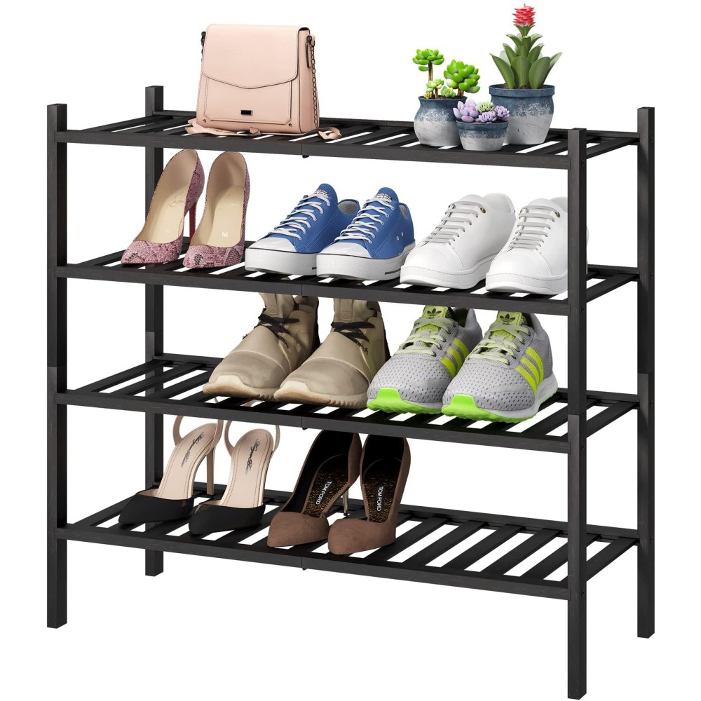 4-Tier Black Bamboo Shoe Rack For Entryway, Stackable | Foldable | Natural, Shoe Organizer For Hallway Closet, Free Standing Shoe Racks For Indoor Outdoor