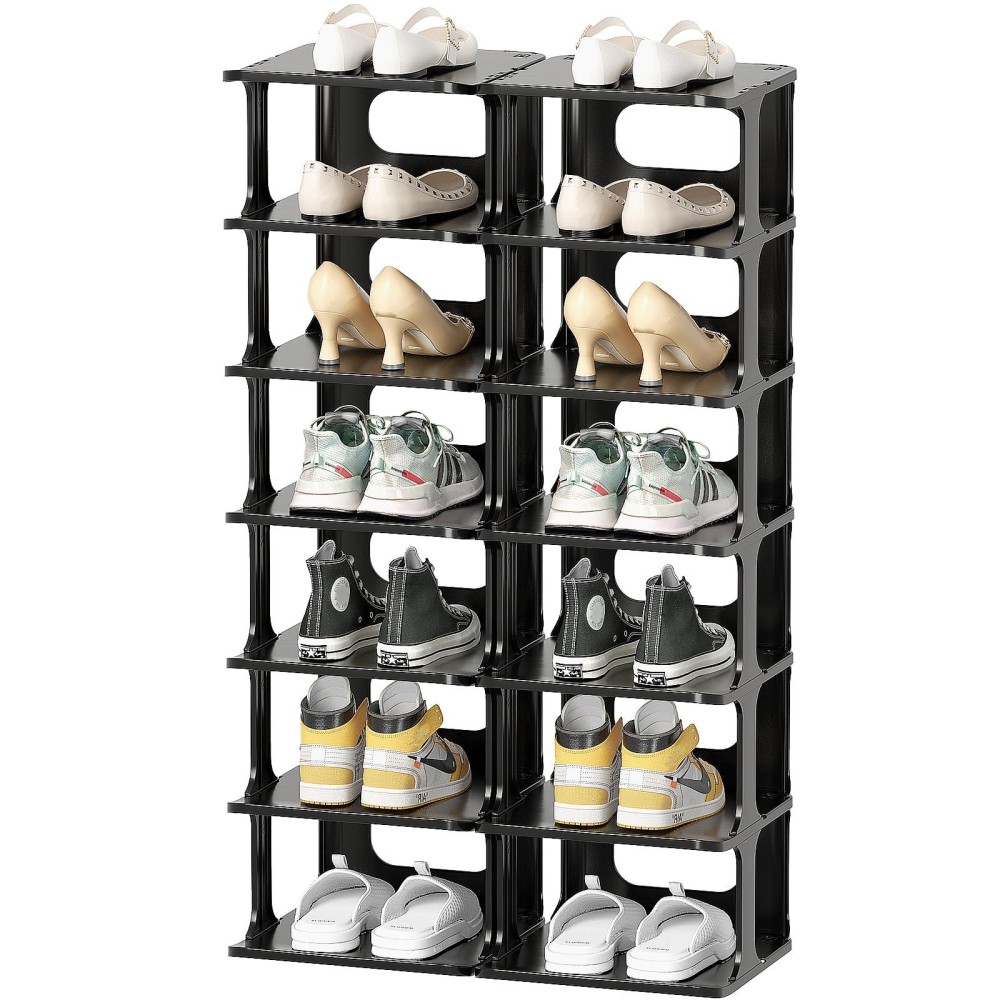 Plastic Shoe Rack 14 Tier Storage Rack For Entryway Organizer For Closet Narrow Shelf Cabinet Black Free Standing Racks Vertical Shoe Holder Stand