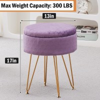 Cpintltr Footrest Footstools Round Velvet Ottoman With Storage Space Soft Vanity Chair With Memory Foam Seat Small Side Table Hallway Step Stool 4 Gold Metal Legs With Swivel Leveling Feet Purple