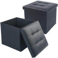 Lotfancy Storage Ottoman Cube, 2 Pack, Black Footrest Stool Ottoman With Lid, 13X12X12 H, Faux Leather Seat For Dorm