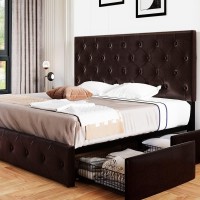 Allewie Upholstered King Size Platform Bed Frame With 4 Storage Drawers And Headboard, Diamond Stitched Button Tufted, Mattress Foundation With Wooden Slats Support, Black Brown