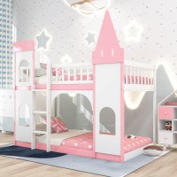 Janizy Twin Over Twin Castle Bunk Bed With Ladder, Twin Size Loft Bed Low Bunk Bed, Castle Shaped Wood Bed Frames With Safety Guardrails For Boys Or Girls, 78.1'' X 44.1'' X 75.5''