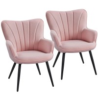 Yaheetech Accent Chair, Modern And Elegant Armchair, Linen Fabric Vanity Chair, Comfy Living Room Chair With Metal Legs And High Back For Living Room Bedroom Office Waiting Room, Set Of 2, Pink