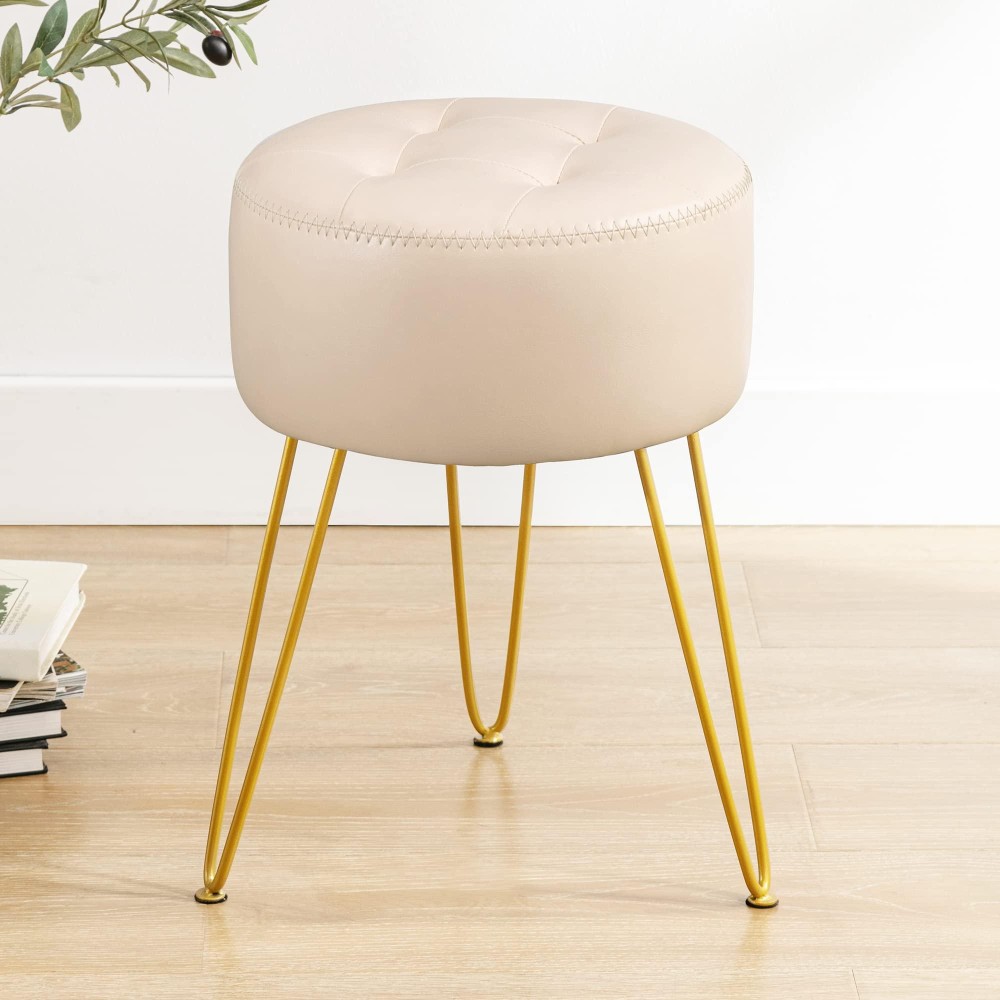 Lue Bona Faux Leather Vanity Stool Chair For Makeup Room, Almond Stool For Vanity, 19? Height, Tufted Small Vanity Chair Stool With Metal Legs, Modern Foot Stool Ottoman For Bedroom, Living Room