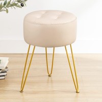 Lue Bona Faux Leather Vanity Stool Chair For Makeup Room, Almond Stool For Vanity, 19? Height, Tufted Small Vanity Chair Stool With Metal Legs, Modern Foot Stool Ottoman For Bedroom, Living Room