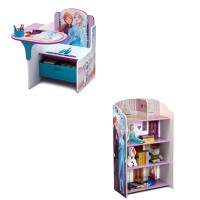 Delta Children Chair Desk With Storage Bin + Wooden Playhouse 4-Shelf Bookcase For Kids, Frozen (Bundle)