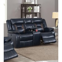 Poundex Ink Gel Leatherette Power Loveseat With Console, Dark Blue