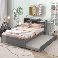 Full Size Bed With Trundle And Bookshelf Headboard Solid Wood Platform Bed Frame With Pull Out Bed Twin Size Daybed For Bedroom,Grey