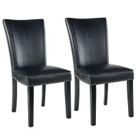 Parsons Dining Chairs With Nail-Heads Trim, Traditional Leather Kitchen Chairs With Upholstered Seat, Accent Side Stool With Solid Wood Legs, Set Of 2, Holds Up To 300 Lbs,Easy Assembly Black Cy2258Bk