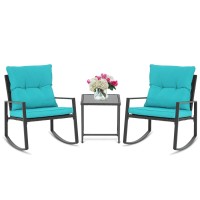 Suncrown 3 Piece Outdoor Rocking Bistro Set Black Wicker Furniture Porch Chairs Conversation Sets With Glass Coffee Table, Light Blue