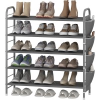 Suoernuo Shoe Rack Storage Organizer 5 Tier Free Standing Metal Shoe Shelf Shoe Organizer With Side 6 Shoes Pockets For Entryway Closet Bedroom,Grey