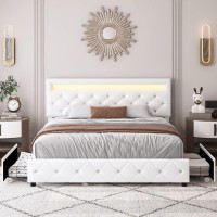 Keyluv King Size Upholstered Led Bed Frame With 4 Storage Drawers And Adjustable Crystal Button Tufted Headboard, Platform Bed With Solid Wooden Slats Support, No Box Spring Needed, White