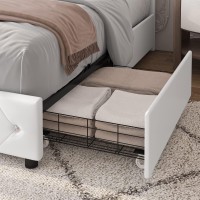 Keyluv King Size Upholstered Led Bed Frame With 4 Storage Drawers And Adjustable Crystal Button Tufted Headboard, Platform Bed With Solid Wooden Slats Support, No Box Spring Needed, White
