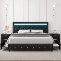 Keyluv Full Size Upholstered Led Bed Frame With 4 Storage Drawers And Adjustable Crystal Button Tufted Headboard, Platform Bed With Solid Wooden Slats Support, No Box Spring Needed, Black