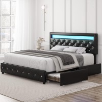 Keyluv King Size Upholstered Led Bed Frame With 4 Storage Drawers And Adjustable Crystal Button Tufted Headboard, Platform Bed With Solid Wooden Slats Support, No Box Spring Needed, Black