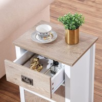 Vecelo Nightstands Set Of 2 End/Side Tables Living Room Bedroom Bedside, Vintage Accent Furniture Small Space, Solid Wood Legs, Three Drawers, White & Brown, White & Oak