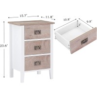 Vecelo Nightstands Set Of 2 End/Side Tables Living Room Bedroom Bedside, Vintage Accent Furniture Small Space, Solid Wood Legs, Three Drawers, White & Brown, White & Oak