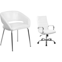 Flash Furniture Fusion Series Contemporary White Leathersoft Side Reception Chair, 28.75 X 23.5 X 21.75 & High Back Desk Chair - White Leathersoft Executive Swivel Office Chair - Swivel Arm Chair