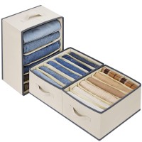 Baesyhom 3 Pcs Large Size Wardrobe Clothes Organizers 6 Grids For Pants, Jeans, Sweater, T-Shirt, Thin Coat, Dress Stackable Closet Drawer Organizer Storage Bin Container With Sturdy Handles, Beige