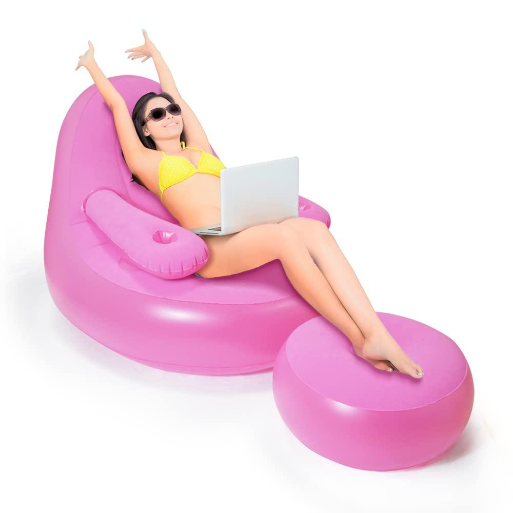 Nevife Inflatable Armrest Lounge Chair With Ottoman, Portable Blow Up Sofa, Air Chaise Lounge, Lazy Couch For Indoor Outdoor (Pump Not Included) Pinka