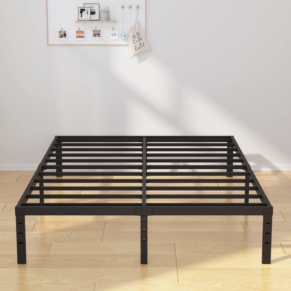 Emoda Queen Bed Frame No Box Spring Needed 14 Inch Heavy Duty Metal Platform Bedframe Queen Size With Steel Slats, Easy Assembly, Black