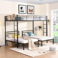 Full Over Twin & Twin Bunk Bed, Metal Triple Bunk Bed Frame With Built-In Shelf And Guardrails For Kidsteensadults, 3 Beds In 1, Space Saving (BlackFtt)