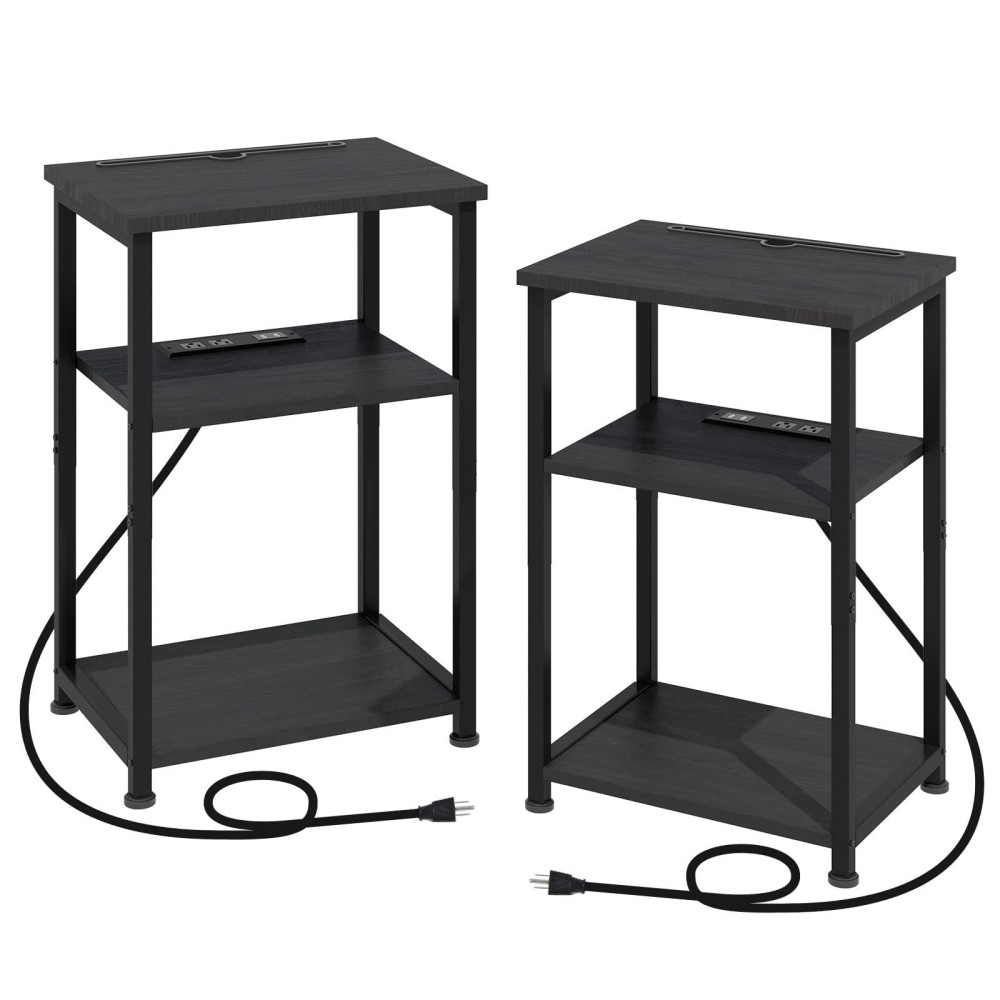 Amhancible Black Nightstands Set Of 2, Narrow Side Table With Charging Station And Phone Holder, Skinny End Tables Living Room With Usb Ports & Outlets For Small Spaces, Bedroom, Het033Bk