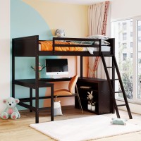 Full Size Loft Bed With U-Shaped Design Desk And Storage Shelves, Bedroom Furniture Pine Wood Bed Frame With Guardrails And Ladder, For Kids Teens (Espresso + Full)