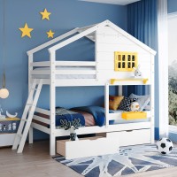 Twin-Over-Twin Size House-Shaped Bunk Bed For Kids, With Roof And Openable Square Window, Wooden Bed Frame With Drawers, Storage Box And Shelf, Bedroom Furniture (White)
