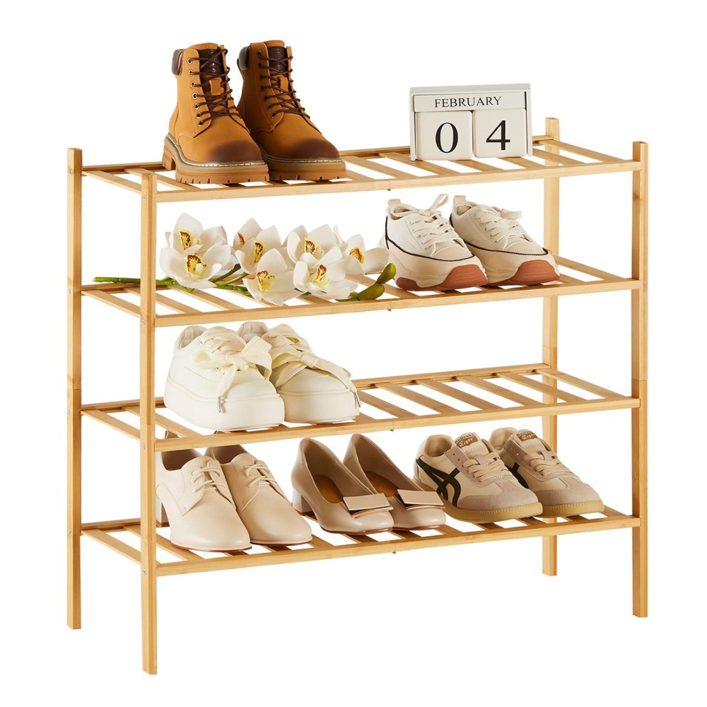 Quiqear Bamboo Shoe Rack, 4 Tier Rack Organizer, Stackable & Durable Shelf Holder, Free Standing Racks, Storage Organizer For Entryway, Closet, Hallway (Natural),(4Shoe Rack-Natural)