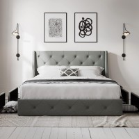 Allewie Queen Bed Frame With 4 Storage Drawers And Wingback Headboard, Button Tufted Design, No Box Spring Needed, Light Grey